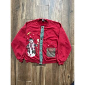 Granny Cottage Core Christmas Snowman Patch Button Up Sweater Size XL Primitive‎